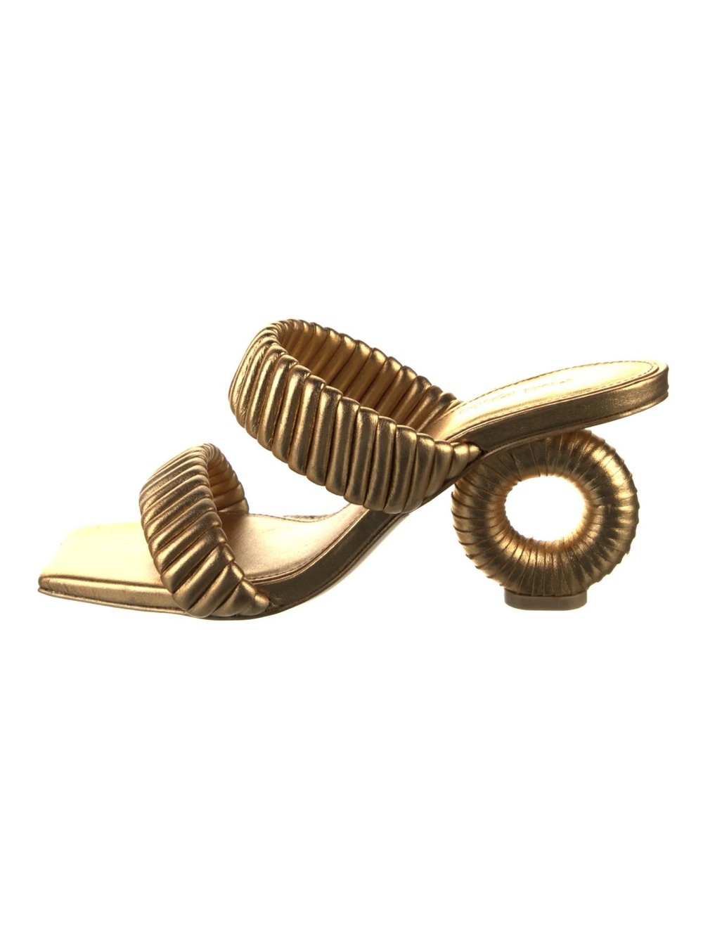 Cult Gaia Valence Metallic Gold Leather Ruched Ring Sculptural Heel Sandals 39
